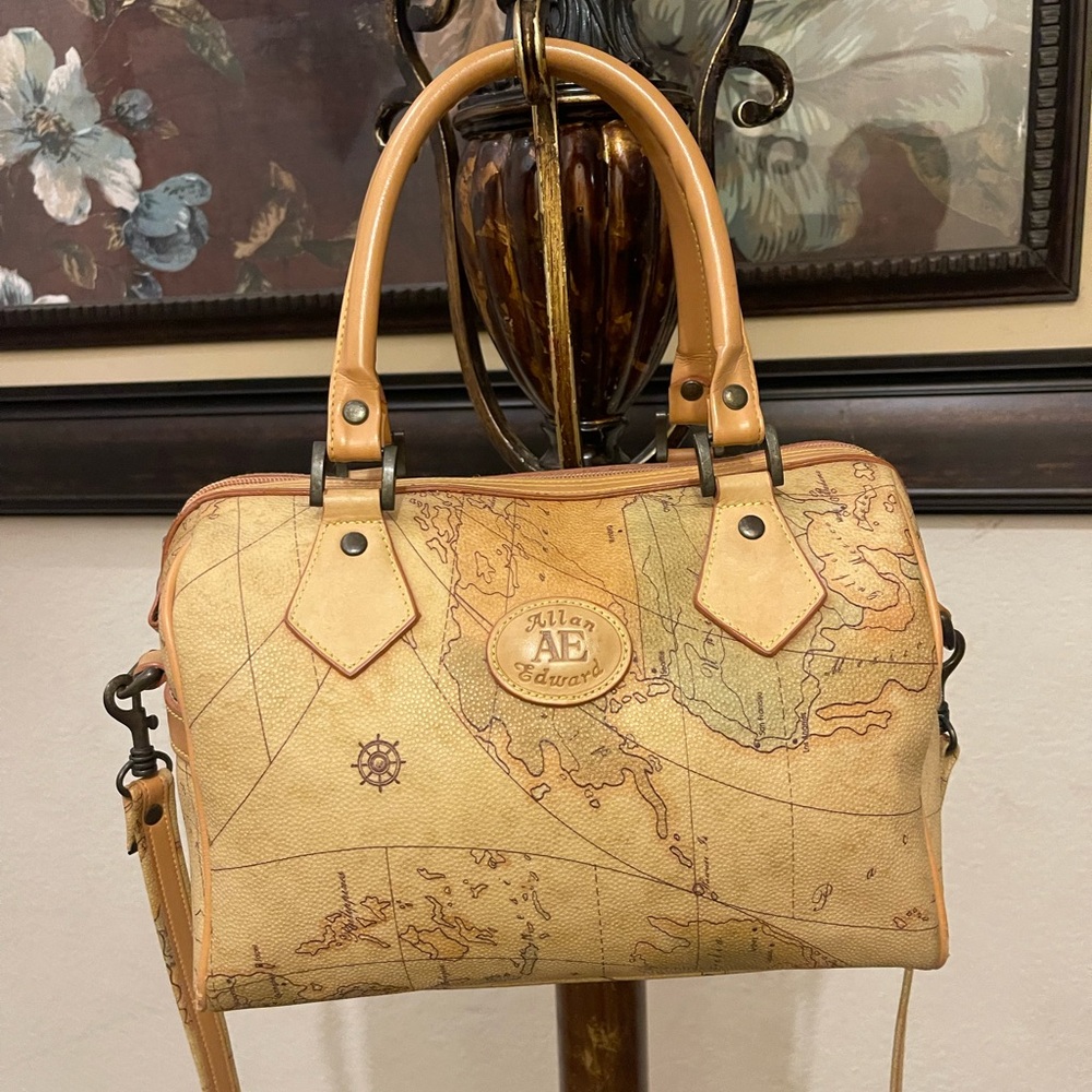 Allan Edward  #199 Map-Print Tan Satchel with Detachable Strap